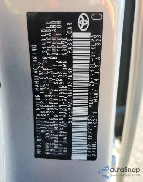 2022 Toyota Corolla Le z USA, uszkodzony, nr VIN 5YFEPMAE1NP372866